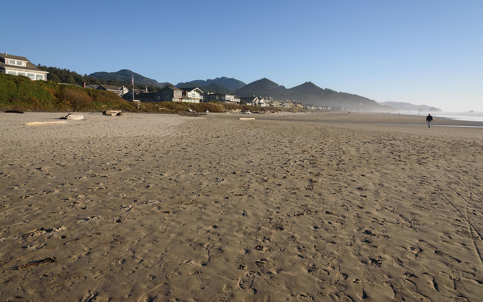 Beachfront homes and forested hills seen from the sand at Cannon Beach