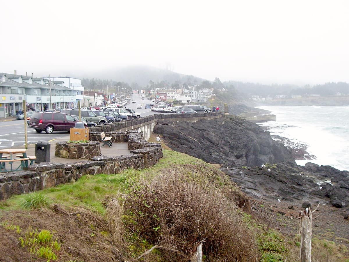 Highway 101 through downtown Depoe Bay along the rocky seawall