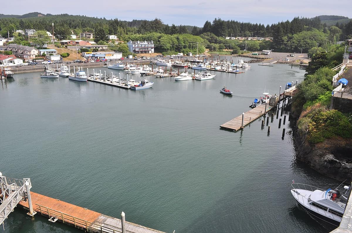 boats moored in Depoe Bay harbor seen from above