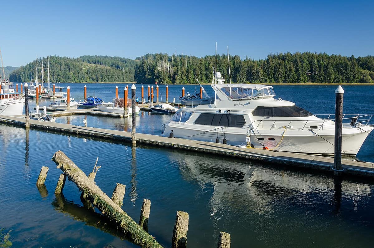 boats moored at the Florence harbor marina on the Siuslaw River
