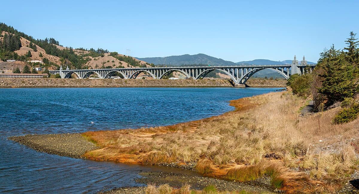 The Isaac Lee Patterson Bridge, a concrete arch bridge, crossing the Rogue River at Gold Beach