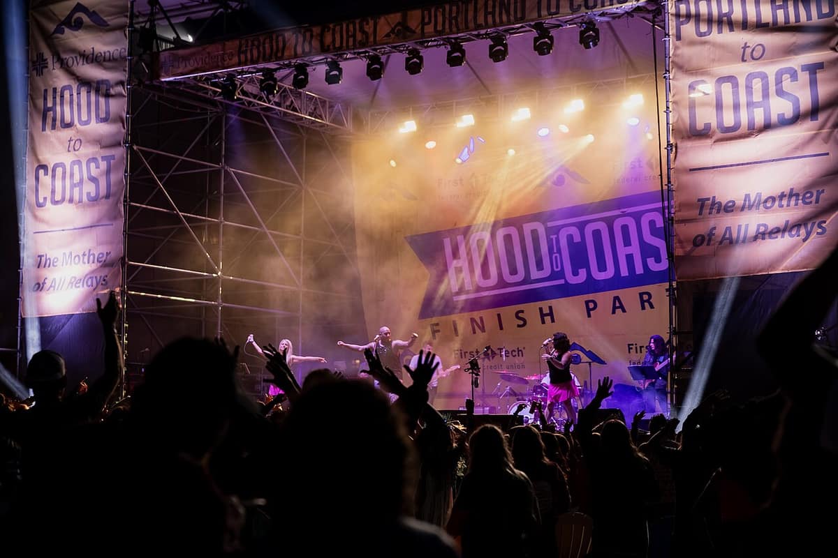 Band performing on stage at the Hood to Coast finish party